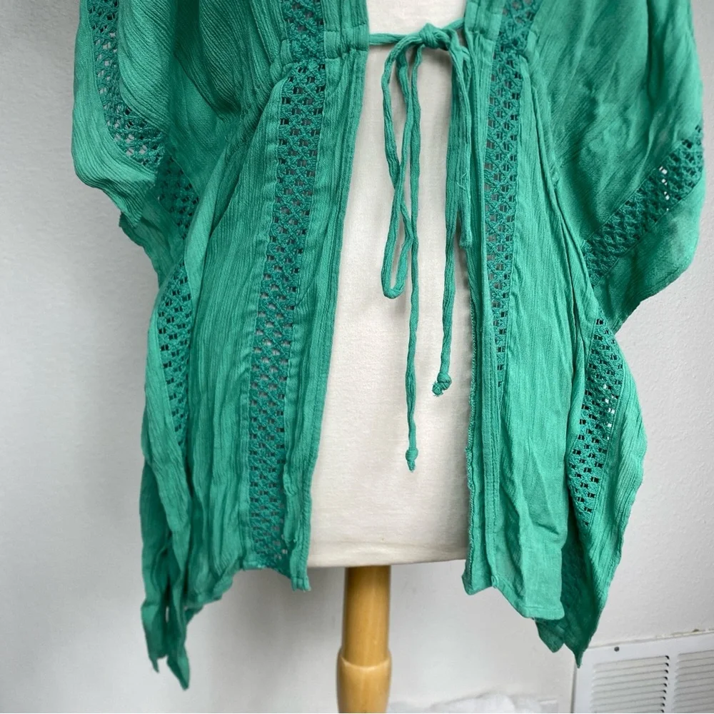 Elan Women’s Green Gauzy Rayon Crochet Tie Front Kimono Size XS Beach Tropical